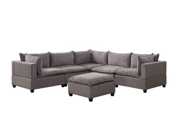Madison 120.5"W Light Gray Fabric 6 Piece Modular Sectional Sofa with Ottoman - Image 3