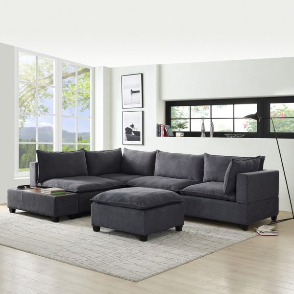 Madison 120"W Dark Gray Fabric 6 Piece Modular Sectional Sofa with Ottoman and USB Storage Console Table