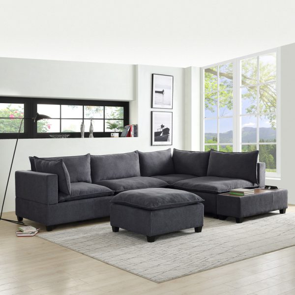 Madison 120"W Dark Gray Fabric 6 Piece Modular Sectional Sofa with Ottoman and USB Storage Console Table - Image 9