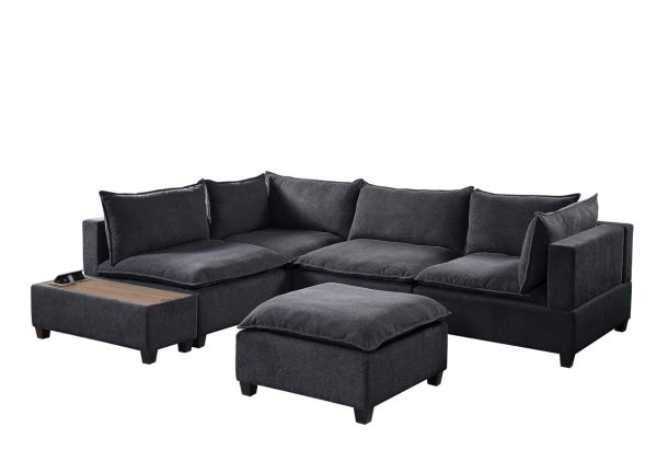 Madison 120"W Dark Gray Fabric 6 Piece Modular Sectional Sofa with Ottoman and USB Storage Console Table - Image 7