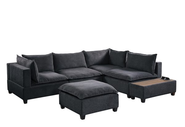 Madison 120"W Dark Gray Fabric 6 Piece Modular Sectional Sofa with Ottoman and USB Storage Console Table - Image 6