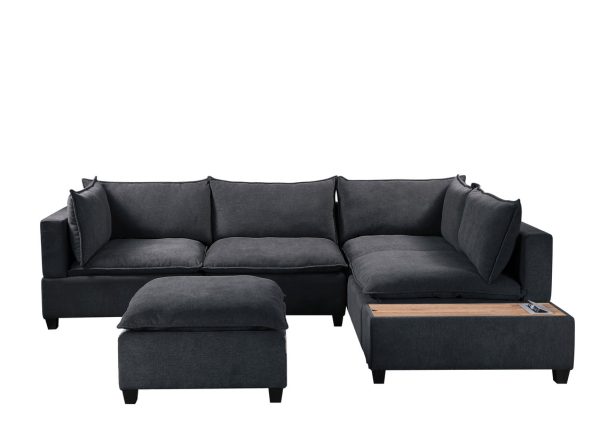 Madison 120"W Dark Gray Fabric 6 Piece Modular Sectional Sofa with Ottoman and USB Storage Console Table - Image 5