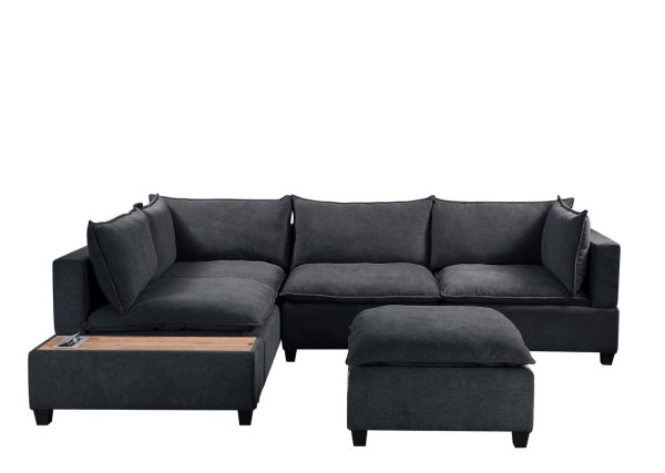 Madison 120"W Dark Gray Fabric 6 Piece Modular Sectional Sofa with Ottoman and USB Storage Console Table - Image 4