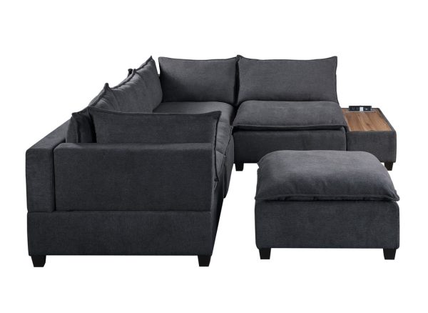 Madison 120"W Dark Gray Fabric 6 Piece Modular Sectional Sofa with Ottoman and USB Storage Console Table - Image 3