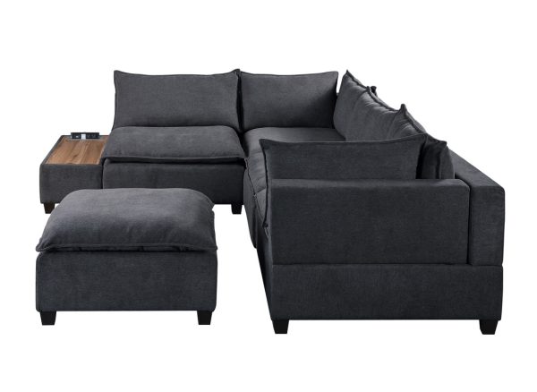 Madison 120"W Dark Gray Fabric 6 Piece Modular Sectional Sofa with Ottoman and USB Storage Console Table - Image 2