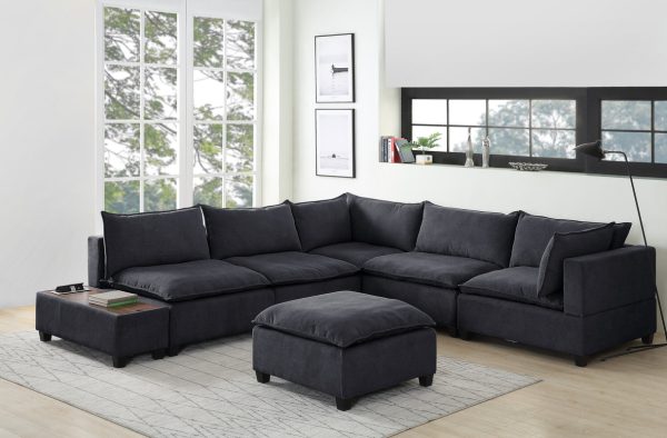 Madison 131.5"W Dark Gray Fabric 7Pc Modular Sectional Sofa with Ottoman and USB Storage Console Table