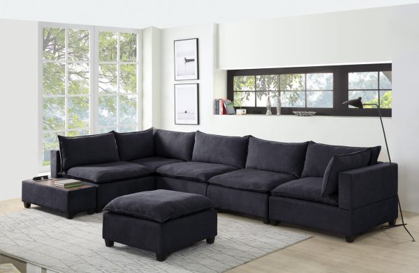 Madison 157"W Dark Gray Fabric 7 Piece Modular Sectional Sofa with Ottoman and USB Storage Console Table