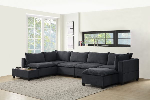 Madison 157"W Dark Gray Fabric 7Pc Modular Sectional Sofa Chaise with USB Storage Console Table