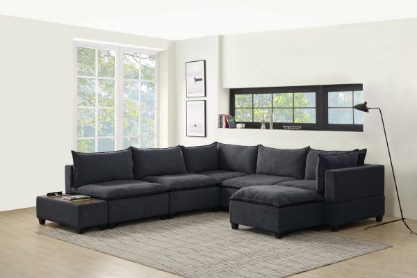 Madison 131.5"W Dark Gray Fabric 7 Piece Modular Sectional Sofa Chaise with USB Storage Console Table