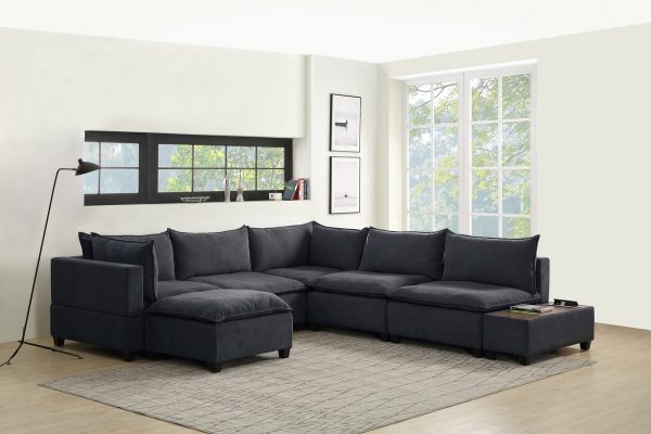 Madison 131.5"W Dark Gray Fabric 7 Piece Modular Sectional Sofa Chaise with USB Storage Console Table - Image 5