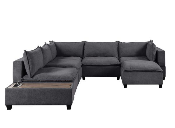 Madison 131.5"W Dark Gray Fabric 7 Piece Modular Sectional Sofa Chaise with USB Storage Console Table - Image 2