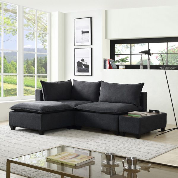 Madison 94.5"W Dark Gray Fabric Sectional Loveseat Ottoman with USB Storage Console Table