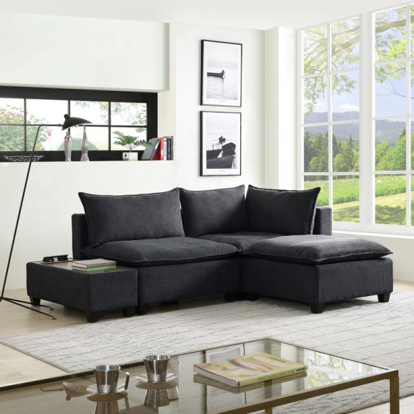 Madison 94.5"W Dark Gray Fabric Sectional Loveseat Ottoman with USB Storage Console Table - Image 9