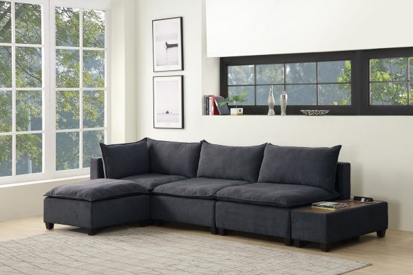 Madison 131.5"W Dark Gray Fabric 5 Piece Modular Sectional Sofa Ottoman with USB Storage Console Table