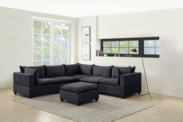 Madison 120.5"W Dark Gray Fabric 6 Piece Modular Sectional Sofa with Ottoman