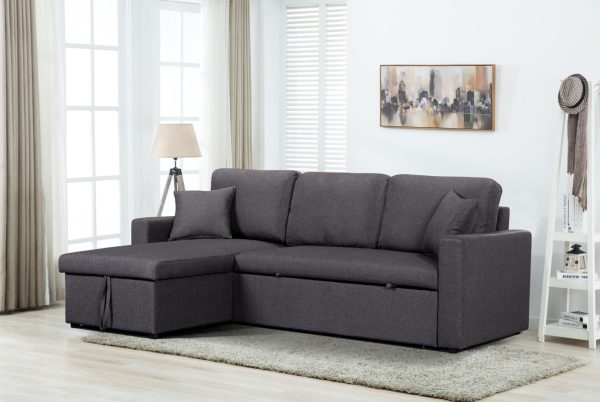 Paisley 82"W Dark Gray Linen Fabric Reversible Sleeper Sectional Sofa with Storage Chaise