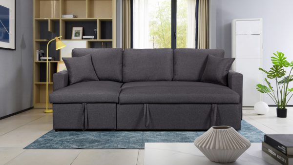 Paisley 82"W Dark Gray Linen Fabric Reversible Sleeper Sectional Sofa with Storage Chaise - Image 4