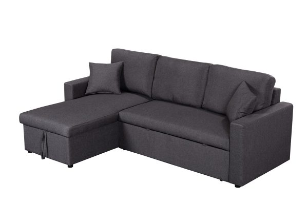 Paisley 82"W Dark Gray Linen Fabric Reversible Sleeper Sectional Sofa with Storage Chaise - Image 2