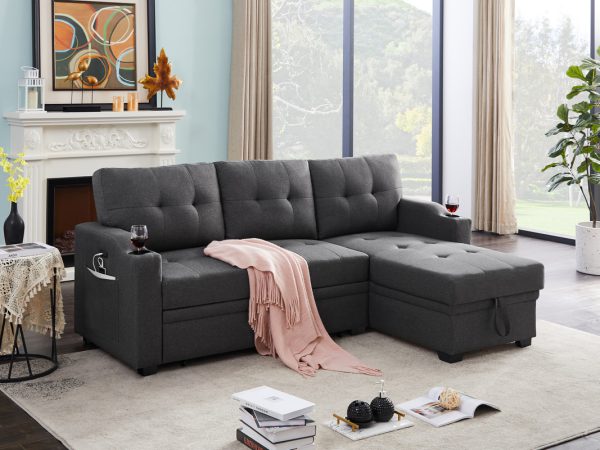 Mabel 83"W Dark Gray Linen Fabric Sleeper Sectional with cupholder, USB charging port and pocket - Image 5