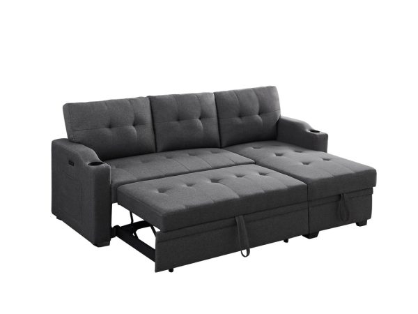 Mabel 83"W Dark Gray Linen Fabric Sleeper Sectional with cupholder, USB charging port and pocket - Image 4