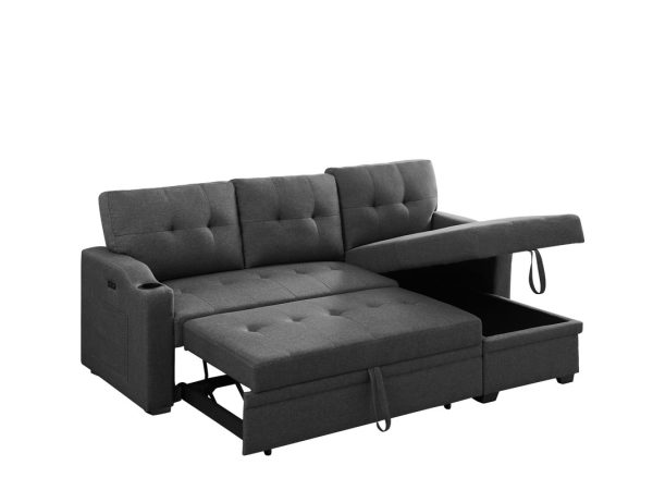 Mabel 83"W Dark Gray Linen Fabric Sleeper Sectional with cupholder, USB charging port and pocket - Image 3