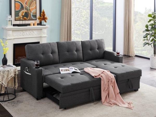 Mabel 83"W Dark Gray Linen Fabric Sleeper Sectional with cupholder, USB charging port and pocket - Image 2