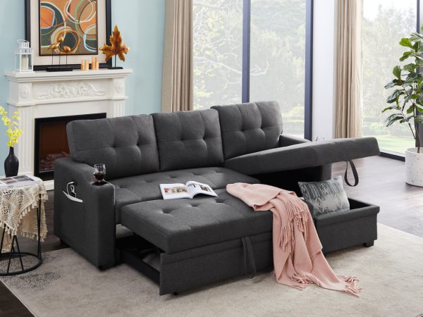 Mabel 83"W Dark Gray Linen Fabric Sleeper Sectional with cupholder, USB charging port and pocket - Image 6
