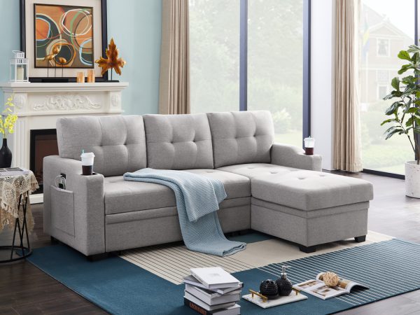 Mabel 83"W Light Gray Linen Fabric Sleeper Sectional with cupholder, USB charging port and pocket - Image 4