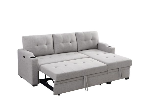 Mabel 83"W Light Gray Linen Fabric Sleeper Sectional with cupholder, USB charging port and pocket - Image 3