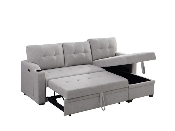 Mabel 83"W Light Gray Linen Fabric Sleeper Sectional with cupholder, USB charging port and pocket - Image 2