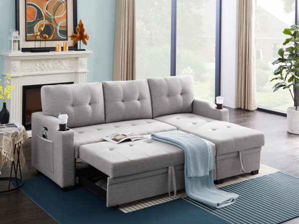 Mabel 83"W Light Gray Linen Fabric Sleeper Sectional with cupholder, USB charging port and pocket - Image 7
