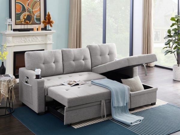 Mabel 83"W Light Gray Linen Fabric Sleeper Sectional with cupholder, USB charging port and pocket - Image 6
