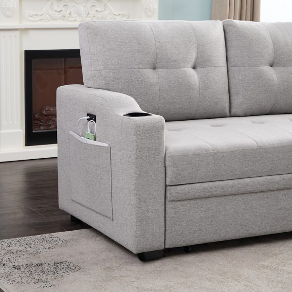 Mabel 83"W Light Gray Linen Fabric Sleeper Sectional with cupholder, USB charging port and pocket - Image 5