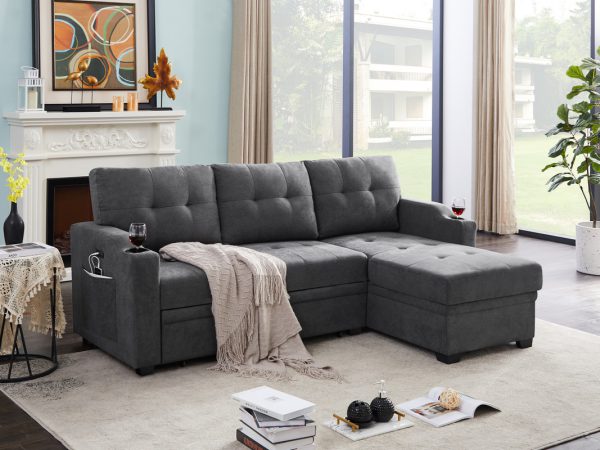 Mabel 83"W Dark Gray Woven Fabric Sleeper Sectional with cupholder, USB charging port and pocket - Image 5