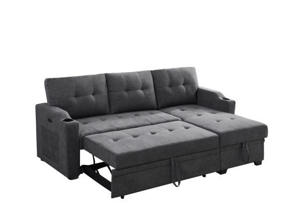 Mabel 83"W Dark Gray Woven Fabric Sleeper Sectional with cupholder, USB charging port and pocket - Image 4
