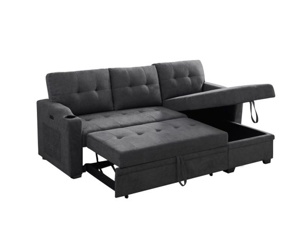 Mabel 83"W Dark Gray Woven Fabric Sleeper Sectional with cupholder, USB charging port and pocket - Image 3