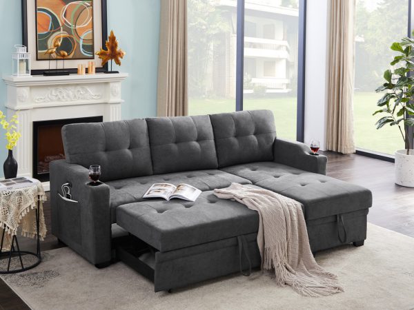 Mabel 83"W Dark Gray Woven Fabric Sleeper Sectional with cupholder, USB charging port and pocket - Image 2