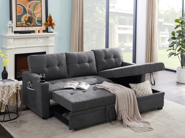 Mabel 83"W Dark Gray Woven Fabric Sleeper Sectional with cupholder, USB charging port and pocket - Image 6