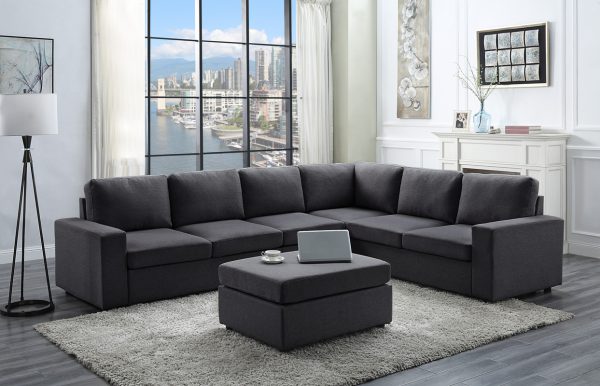Bayside 120"W Modular Sectional Sofa with Ottoman in Dark Gray Linen