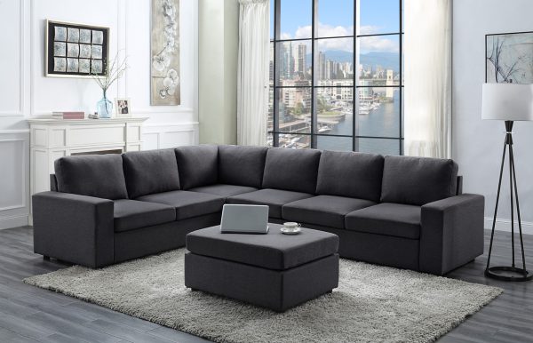 Bayside 120"W Modular Sectional Sofa with Ottoman in Dark Gray Linen - Image 5