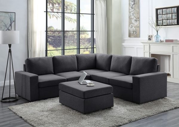 Decker 94"W Sectional Sofa with Ottoman in Dark Gray Linen