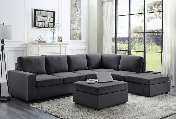 Cassia 120"W Modular Sectional Sofa with Ottoman in Dark Gray Linen - Image 5