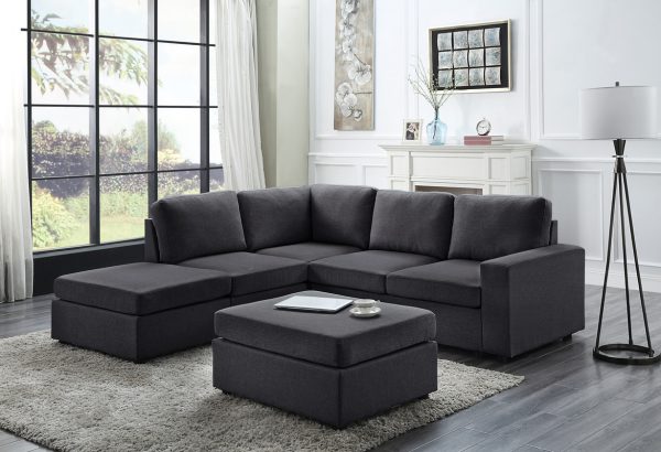 Marta 94"W Modular Sectional Sofa with Ottoman in Dark Gray Linen
