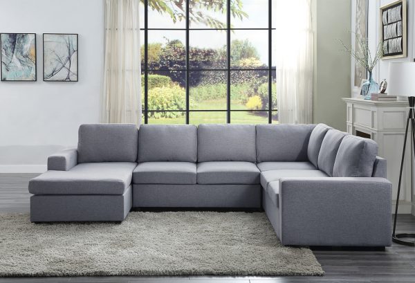 Warren 121"W Light Gray Linen 6 Seat Reversible Modular Sectional Sofa Chaise