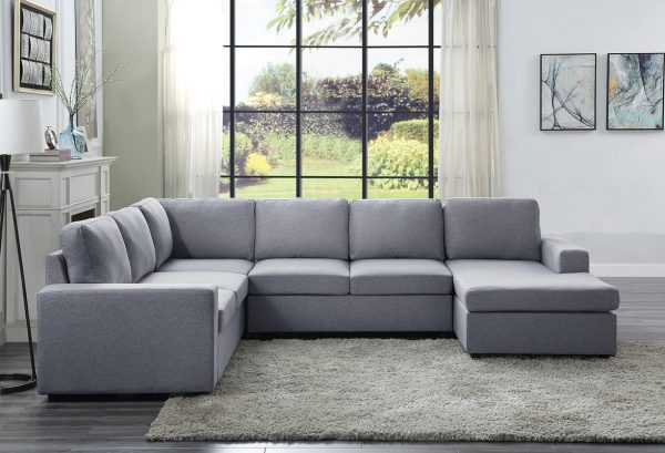 Warren 121"W Light Gray Linen 6 Seat Reversible Modular Sectional Sofa Chaise - Image 5