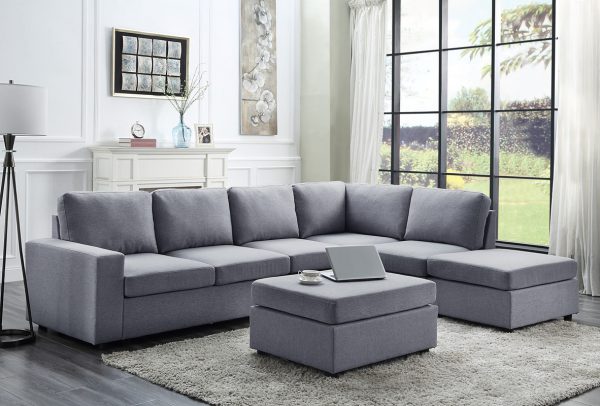 Cassia 120"W Light Gray Linen 7 Seat Reversible Modular Sectional Sofa with Ottoman - Image 4