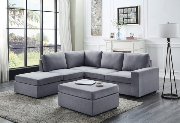 Marta 94"W Light Gray Linen 6 Seat Reversible Modular Sectional Sofa with Ottoman