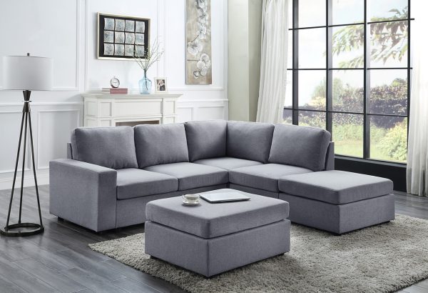 Marta 94"W Light Gray Linen 6 Seat Reversible Modular Sectional Sofa with Ottoman - Image 4