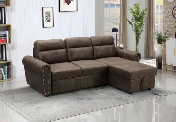 Ashton 96"W Saddle Brown Microfiber Reversible Sleeper Sectional Sofa Chaise