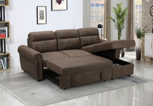 Ashton 96"W Saddle Brown Microfiber Reversible Sleeper Sectional Sofa Chaise - Image 6
